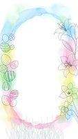 Watercolor Easter frame with decorated eggs, spring flowers and grass border on white background for greeting cards and seasonal designs.