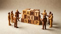 Wooden figurines in business attire gathered around stacked wooden blocks spelling partnership, representing collaboration, agreement, and corporate teamwork for business concepts.