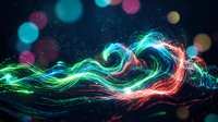 Abstract digital energy waves flowing with vibrant neon colors against dark starry background with bokeh lights for modern technology designs.