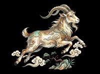 Ornate leaping goat with traditional Asian folk art patterns, clouds, and botanicals, isolated on transparent background. Great for stickers, sublimation, t-shirt design, print on demand.