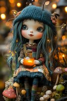 Enchanting fairy doll with teal hair and knit hat holding glowing potion bottle surrounded by magical mushrooms and warm bokeh lights for fantasy storytelling.