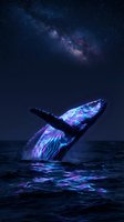 Majestic humpback whale breaching ocean surface under starry night sky with Milky Way galaxy, glowing neon colors creating magical marine wildlife scene.