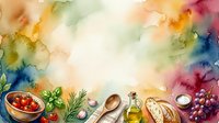 Watercolor cooking ingredients and fresh produce arranged on white background with vibrant splashes, ideal for food blogs, recipe websites, culinary publications and kitchen design projects.