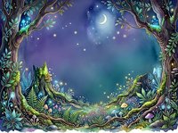 Enchanted forest clearing at night with glowing moon, magical fireflies, and luminescent plants framing a mystical woodland scene for fantasy and children's book illustrations.