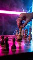 Hand moving chess king piece on board with dramatic neon purple and blue lighting creating strategic business atmosphere for corporate concepts.