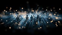 Glowing blue light rays burst through darkness with scattered golden bokeh particles creating magical atmospheric effect for festive backgrounds.