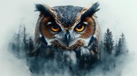 Dramatic owl face with piercing yellow eyes merged into misty forest landscape, double exposure effect creates mysterious nocturnal atmosphere in blue tones.