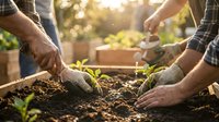 Two gardeners planting young seedlings in rich soil with warm sunlight creating beautiful bokeh background for organic farming and sustainable agriculture.