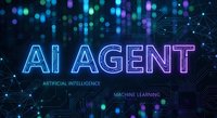 AI Agent neon text with circuit board patterns and glowing bokeh lights on dark blue background for technology presentations and digital marketing materials.