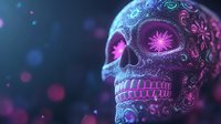 Decorative skull with glowing neon pink and blue ornamental patterns against dark background with bokeh lights and mystical atmosphere. Creative gothic art concept.