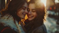 Two young women sharing intimate moment at sunset, natural genuine laughter and joy, backlit with golden hour sunlight creating warm atmospheric mood perfect for lifestyle advertising.