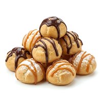 Freshly baked profiteroles stacked in pyramid formation, golden choux pastry drizzled with rich chocolate sauce, perfect for bakery, dessert, and food photography projects.