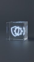 Transparent acrylic cube with glowing neon gear symbol inside, isolated on dark background. Perfect for technology, innovation, and industrial design projects.