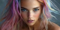 Young woman with vibrant rainbow colored hair and piercing blue eyes against dark background, soft lighting highlights facial features and flowing multicolored strands.