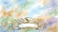 Watercolor background with ornate golden banner and flourishes, soft pastel washes in blue, green, peach and purple tones, isolated on white for design projects.