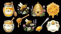 Honey bee clipart set with jar, honeycomb, hive, bees, flowers, and spoon, isolated on transparent background, ready for stickers, t-shirt design, and print on demand.