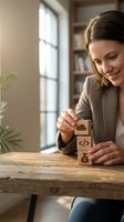 Woman stacking wooden blocks with house, code, and dollar symbols at desk by window, representing real estate development, web design, and financial growth for business concepts.