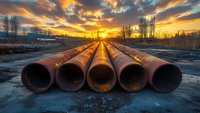 Industrial metal pipes lying on ground against dramatic orange sunset sky with vibrant clouds, perspective view leading to horizon with silhouettes of trees and buildings.