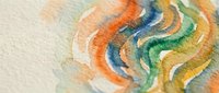 Abstract watercolor painting with flowing organic shapes in vibrant orange, blue, green and yellow hues on textured paper creating artistic movement.
