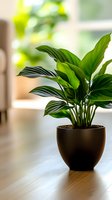 Lush green peace lily plant with vibrant leaves in modern black ceramic pot on wooden surface, soft natural window light creates serene home atmosphere.