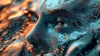 Mysterious profile with glowing digital patterns and copper accents against dark background, showcasing futuristic biometric scanning technology and artificial intelligence concept.
