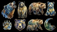 Watercolor bear clipart set with grizzly bears, cub, paw print, geometric bear, and moon scene, isolated on transparent background, ready for stickers, t-shirt design, and print on demand.