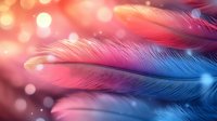 Delicate feathers in vibrant pink and blue gradient colors with soft bokeh lights creating dreamy atmosphere, macro photography for artistic backgrounds.