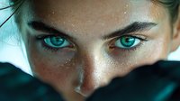 Close-up portrait showing intense turquoise eyes with freckles on skin against dark background, creating dramatic and mysterious atmosphere for beauty and fashion concepts.