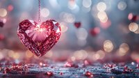 Pink crystal heart pendant against blurred bokeh background with scattered small hearts creates romantic Valentine's Day atmosphere with soft lighting effects.