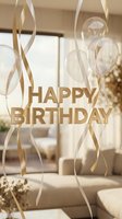 Elegant happy birthday greeting with gold metallic text, transparent balloons, and ribbon streamers in a luxurious beige interior setting.