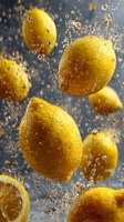 Fresh lemons floating in water with splashing droplets against dark gray background, creating dynamic motion for food and beverage advertising.