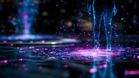 Glowing silhouette stands on reflective surface with magical neon pink and blue particles, creating ethereal atmosphere in dark space. For fantasy art and digital backgrounds.