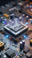 Computer processor chip with glowing SEO letters on circuit board representing search engine optimization technology and digital marketing strategies.