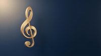 Golden treble clef symbol on dark blue gradient background with warm light effect for music industry branding and creative projects.