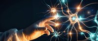 Human hand reaching toward glowing neural network connections with bright synapses firing, representing artificial intelligence and brain-computer interface technology.