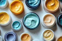 Colorful cosmetic creams and face masks in open jars arranged in pattern. Yellow and blue beauty products with smooth texture on white background.