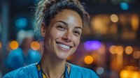 Young woman with curly dark hair and warm smile wearing blue lanyard badge at nighttime event with colorful bokeh lights in background.
