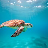 Sea turtle swimming gracefully through crystal clear turquoise ocean waters with sunlight filtering from surface creating peaceful underwater scene.