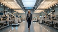 Woman in business attire walking through modern factory with robotic arms and automated machinery, representing industrial innovation and future manufacturing technology progress.