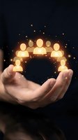 Hands holding glowing team icons representing community support, leadership, human resources management, and social networking connections with magical light effects.