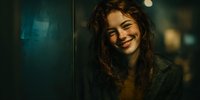 Young woman with curly brown hair smiling warmly in moody urban nighttime setting with neon lights and city atmosphere for lifestyle photography.