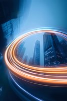 Dynamic light trails swirl around modern skyscrapers at dusk, creating glowing orange and blue streaks against urban architecture in foggy atmosphere.