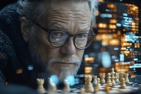Senior Caucasian man with glasses and gray beard playing chess, intense focused expression against blurred city lights background creating dramatic atmosphere.