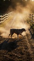 Border collie dog walking on dusty farm path with wooden fence in golden sunset light creating atmospheric mood for rural lifestyle concepts.