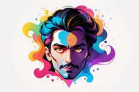 Stylized male portrait with vibrant rainbow smoke effect and intense gaze. Artistic illustration features dramatic lighting, mustache, and flowing hair against white background.