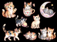 Cute watercolor kitten sticker set isolated on transparent background, ready for t-shirt design, clipart, print on demand, sublimation, and scrapbooking projects.
