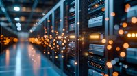 Server room with glowing bokeh lights reflecting on data center equipment, network cables and racks creating modern technological atmosphere for IT infrastructure.