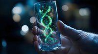 Glowing green DNA helix structure floating in glass container held by hand against dark background with bokeh lights, science and genetic research concept.