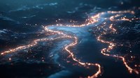 Glowing orange light trails forming abstract river-like patterns against dark blue background, creating magical atmospheric night scene with bokeh effects.