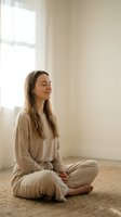 Young Caucasian woman practicing mindfulness meditation in bright minimalist room with natural sunlight streaming through window for wellness and mental health.